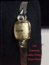 Gruen Ladies vintage watch (as is). 14k and diamonds 