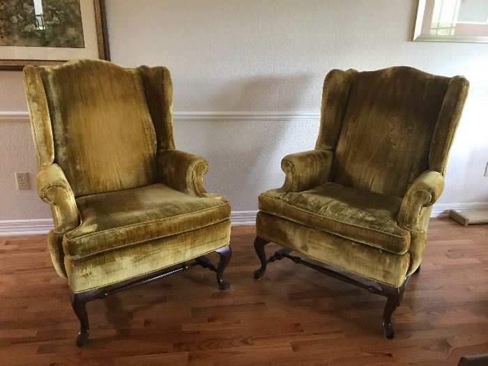 mid century velvet wing backs, pristine Ethan Allen