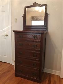 5 drawer antique high chest with mirror, unique locking system
