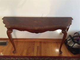 #13 wood sofa table w shell detail inlaid, 54x17x27 $75.00