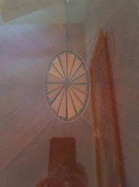 #13 wood sofa table w shell detail inlaid, 54x17x27 $75.00