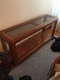 #14 wood w glass top and brass sofa table 53.5x16x26 $75.00