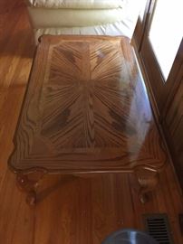 #43 wood coffee table with shell detail 45x27x16.5 $75.00