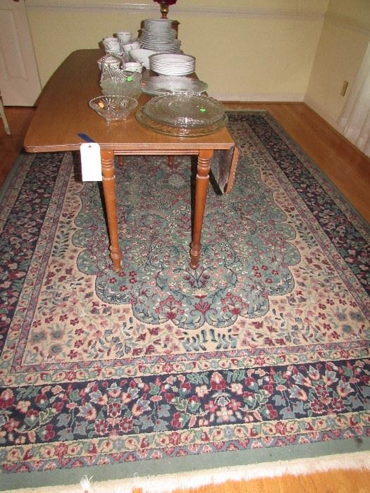 Ethan Allen harvest table, room size aqua background rug