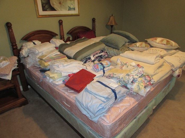 Tons of linens, bed sets, towels, king size bed including foundations