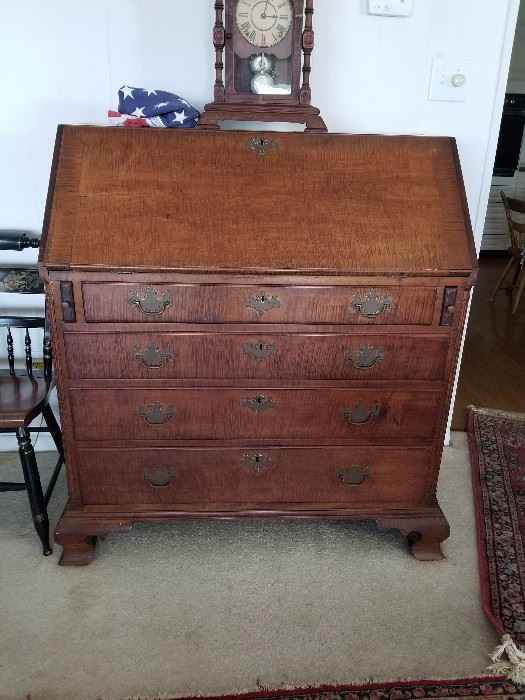 New England Chippendale tiger maple desk with original hardware