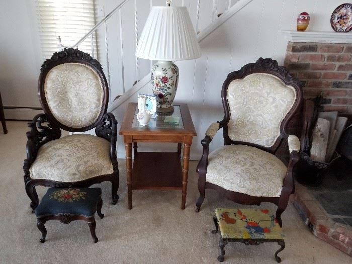 Victorian “Mr. & Mrs.” Parlor chairs, mahogany 