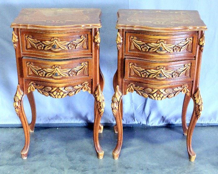 Pair of Ornately Carved Side Tables, Wood Inlay Design on Tops, Scalloped Front, 16"W x 28"H x 12"D