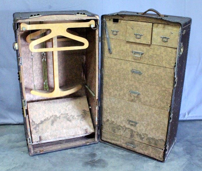 1917 Belber Wardrobe Trunk, Wood Hangers, Storage Drawers, Leather Handles 26"W x 42"H x 23"D