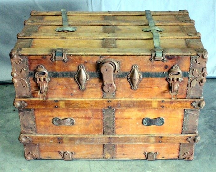 Trunk with Wood Banding, Leather Straps, Metal Accents/Hardware, 32"W x 23"H x 19.5"D