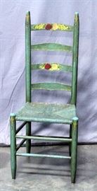 Hand Painted Ladder Back Side Chair with Wicker Seat, and Padded Round Footstool/Ottoman with Tassels