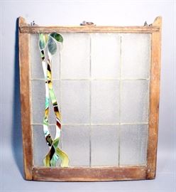 Leaded Stained Glass Decorative Textured Window, Hooks for Hanging, 30"W x 37"H, Warped Frame