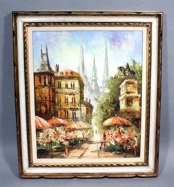 Rene Caron French Impressionist Original Oil on Canvas Parisian Street Scene, Framed, 26"W x 30.5"H