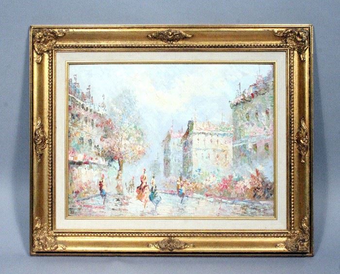 Marie Charlot French Impressionist Original Oil on Canvas Spring Time Parisian Scene, Heavily Textured, Framed, 21.5" x 17.5"