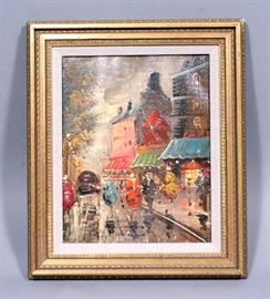 Original Oil on Canvas Moulin Rouge Parisian Street Scene, Unsigned, Framed, 11" x 13"