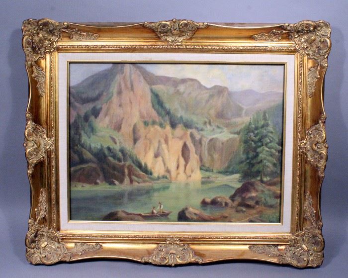 Original Oil on Canvas 19th Century Dutch Impressionist Canyon Scene, Framed. 32"W x 26.5"H