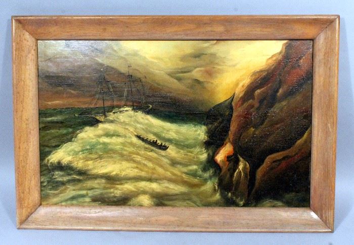 Vintage German Expressionist Seascape Original Oil on Board, "Wreckers," Framed, 29"W x 19.5"H
