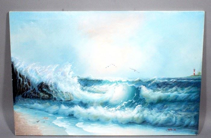 Louis N Velle Original Oil on Canvas "Wild Waves" Seascape, Unframed, 36" x 24"
