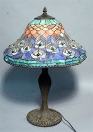 Stained Slag Glass Tiffany Style Lamp, Cast Iron Base, 23"H, May Need Repair or New Bulb