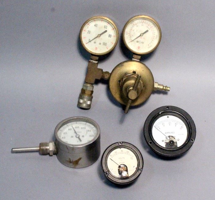 J Nageldinger & Son Inc Pressure Gauge, Weskler Instruments Pressure Gauge, Simpson Ameres Military Gauge, and Weston Model 1524 Volts Meter