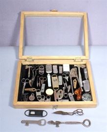 Vintage Cigar Cutter Collection, Lighters, Bottle Openers and More in Wood & Glass Display Case, 16" x 12"