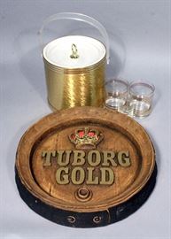 Vintage Tuborg Gold 15"Dia Bar Sign, Mid Century Ice Bucket with Rocks Glasses and 2 Oz Glass Jigger
