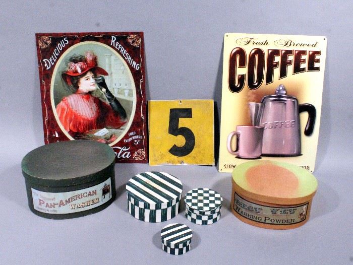 Vintage Style Re-Pro Advertising Items- Metal Coca-Cola Sign, Coffee Sign, Pan-American Washer Box, Striped Nesting Boxes, and Metal "5" Sign