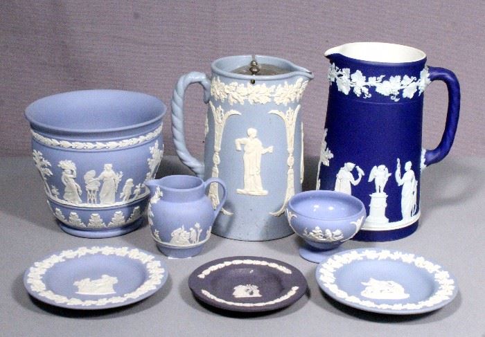 Wedgwood Blue Jasperware Pitchers, Creamer Dish, Pot, Mini Footed Vase, Ashtray, and Small Plates