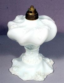 Vintage Milk Glass Lamp Base, 10.5"H and Frosted Glass Lampshade with Blue Flowers, 14"Dia
