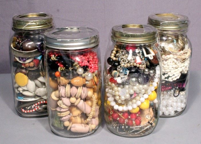 Mixed Costume Jewelry Mystery Jars- Necklaces, Strands, Earrings, Bracelets and (4) Ball Mason Jars