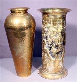 Tall Brass Vase Made in India, 18"H, and Lombard English Umbrella Stand with Relief Scene, 17.5"H