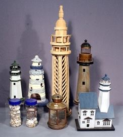 Lighthouse Sculptures, Qty 5, 10.5"-26"H, Seashells, and Tealight Lantern