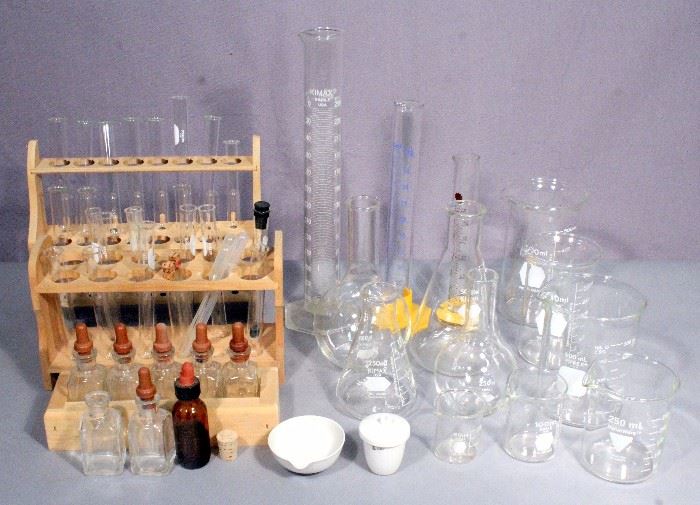 Kimax & Pyrex Scientific Equipment, Beakers, Graduated Beakers & Cylinders, Test Tubes & Stands, Glass Bottles w/ Droppers/Pipettes, More