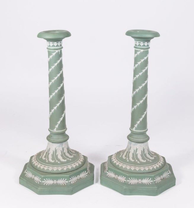 Lot 16: Pair Wedgwood Green & White Candlesticks