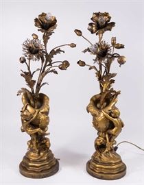 Lot 20: Pair Belle Epoque Figural Metal 2-Light Candelabra