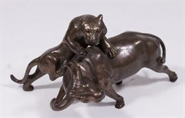Lot 21: Japanese Bronze Metal Tiger Attacking Buffalo