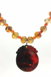 Lot 129: Beaded Agate Necklace & Carved Dragon Horn Pendant