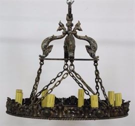 Lot 225: Art Deco Bronze & Wrought Iron 9-Light Chandelier