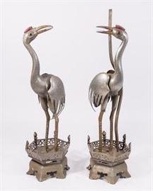 Lot 241: Pair Chinese Pewter Crane Form Lamps