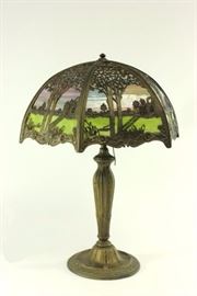 Lot 287: Sectioned Table Lamp with Tree & Cabin Metalwork