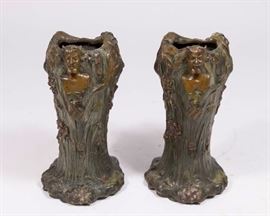 Lot 343: Pair Art Nouveau Bronze Figural Vases