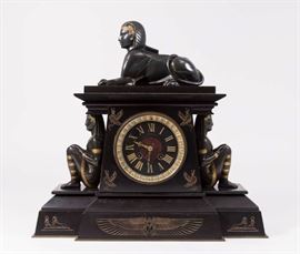 Lot 394: Bronze & Marble Egyptian Revival Mantel Clock