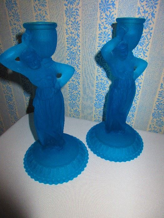 Pair of Satin Glass Figural Candlesticks