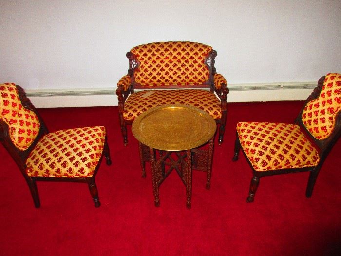 Victorian Three-Piece Parlor Suite and Antique Brass Tray Table