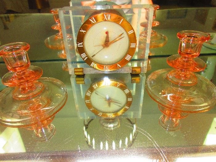 Art Deco Clock & Depression Glass Candlesticks