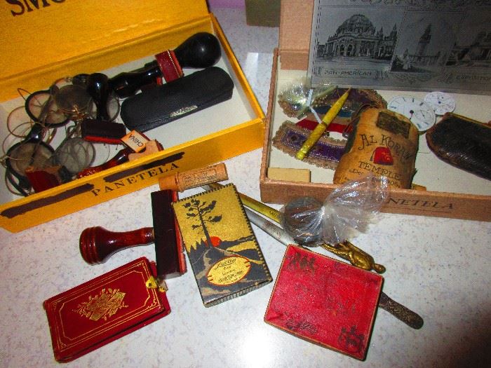 Antique Glasses, Stamps, and Advertising