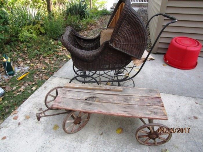 Antique White Wood Works wagon and wicker buggy 