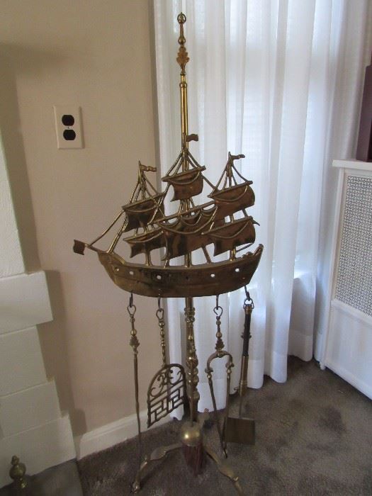 Brass Tall Ship Fireplace Tool Set