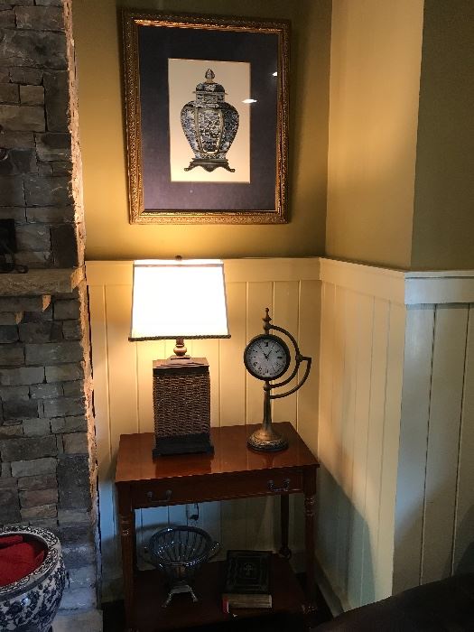 framed art, small accent table (lamp and clock are not for sale)