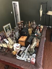 home decor items: candle sticks, boxes, figurines, frames
